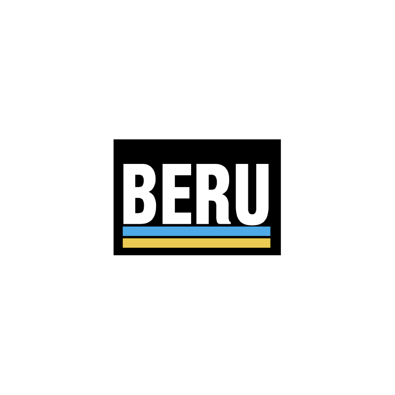 Autocollant BERU logo blanc fond noir bande bleu jaune.L 150 H 100mm